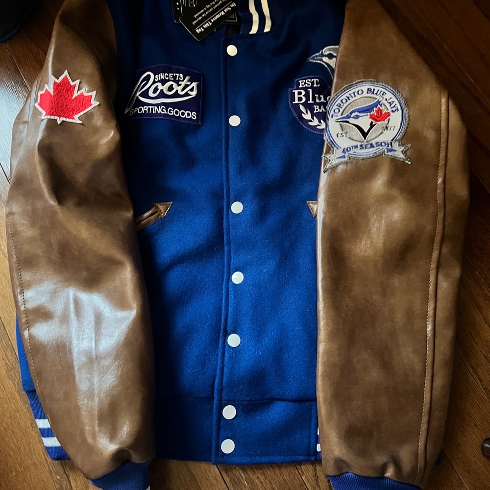 Blue Jays Varsity Jacket with Blue Body and Brown Sleeves